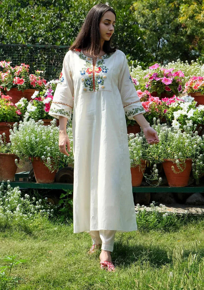 Ivory Hand-Embroidered Floral Kurta Set