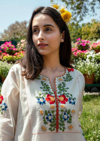 Ivory Hand-Embroidered Floral Kurta Set