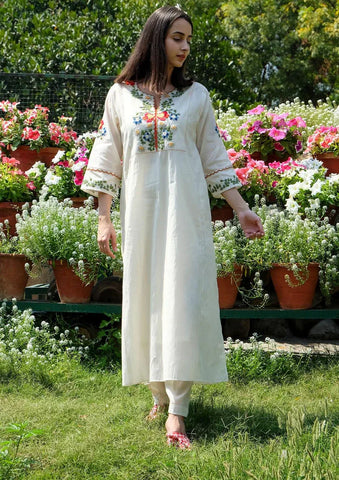 Ivory Hand-Embroidered Floral Kurta Set