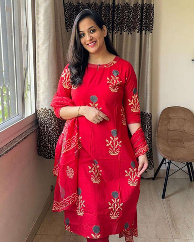 Crimson Bloom: Embroidered Cotton Kurta Set