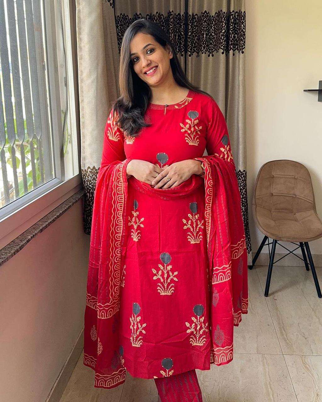 Crimson Bloom: Embroidered Cotton Kurta Set