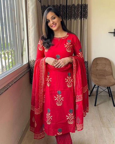 Crimson Bloom: Embroidered Cotton Kurta Set
