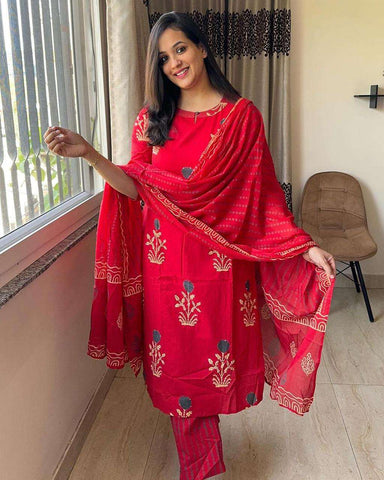 Crimson Bloom: Embroidered Cotton Kurta Set