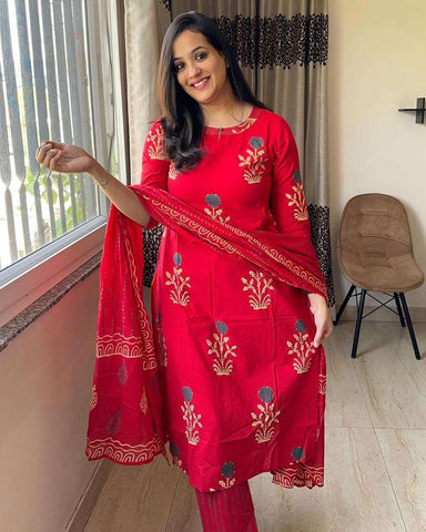 Crimson Bloom: Embroidered Cotton Kurta Set