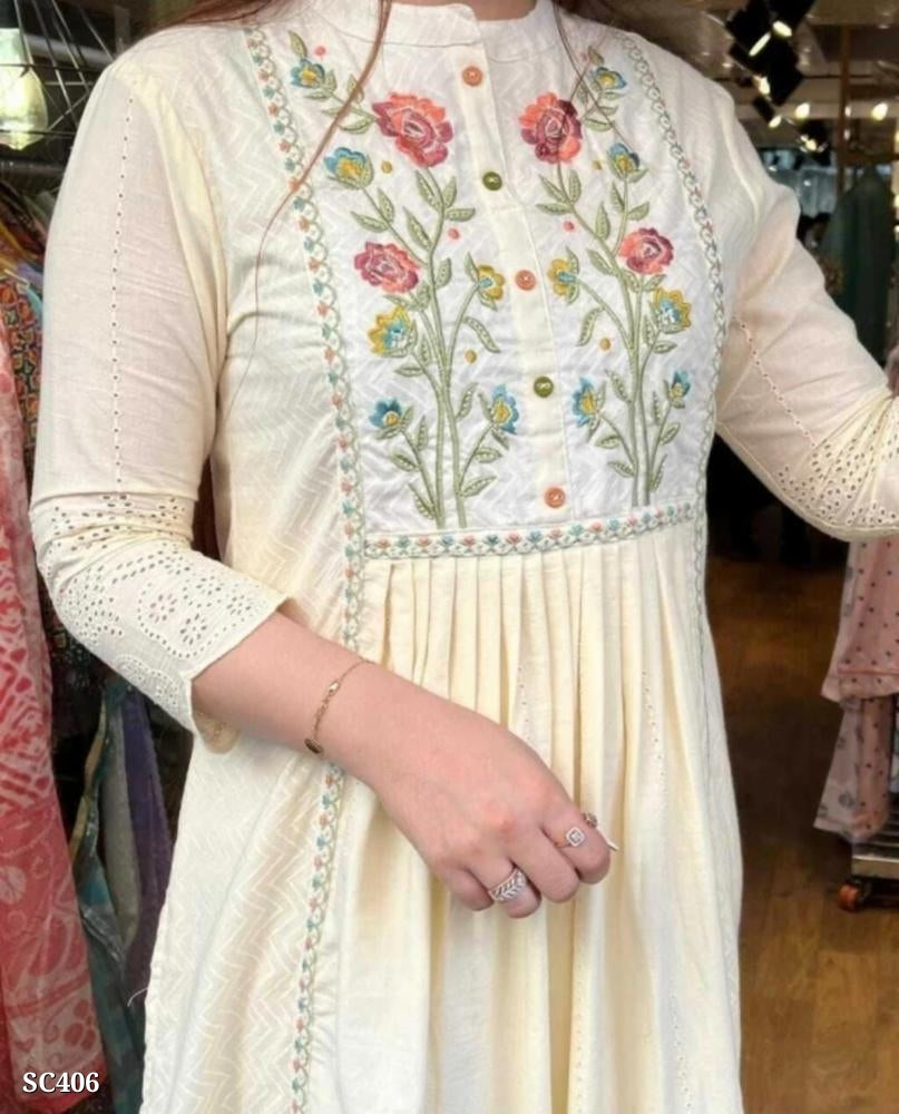Graceful Cream Embroidered Anarkali Cotton Set