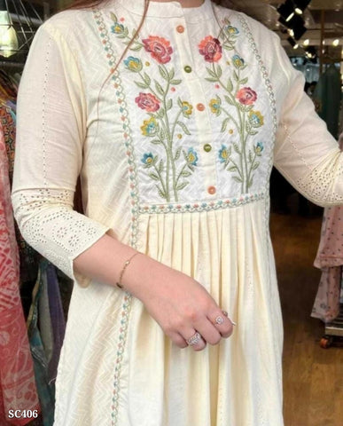Graceful Cream Embroidered Anarkali Cotton Set