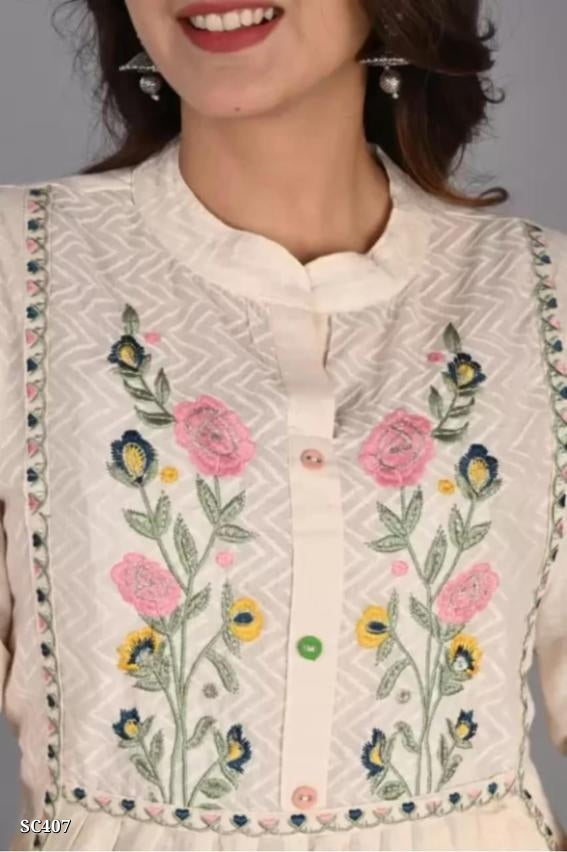 Graceful Cream Embroidered Anarkali Cotton Set
