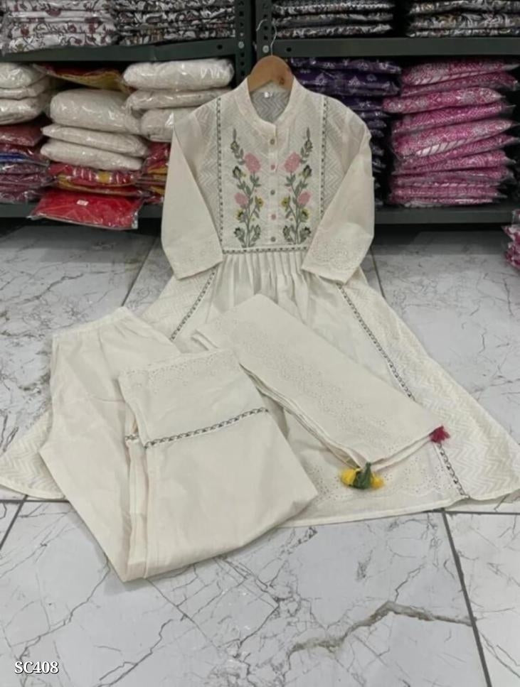 Graceful Cream Embroidered Anarkali Cotton Set