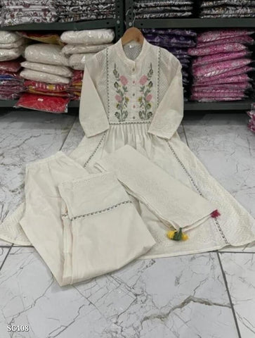 Graceful Cream Embroidered Anarkali Cotton Set