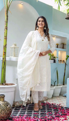 Chickenkari Kurti Pant Set With Chanderi Dupatta