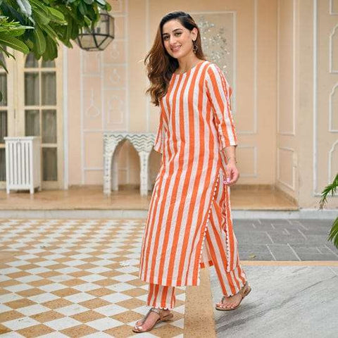 Tangerine Bold Stripe Cotton Kurta Set