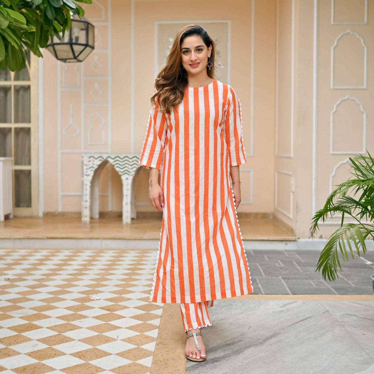 Tangerine Bold Stripe Cotton Kurta Set