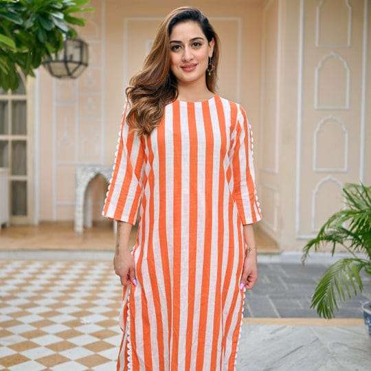 Tangerine Bold Stripe Cotton Kurta Set