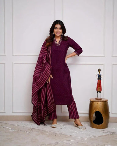Rich Wine Kurta Set with Embroidered Neckline & Striped Dupatta