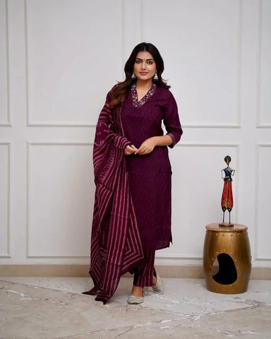Rich Wine Kurta Set with Embroidered Neckline & Striped Dupatta