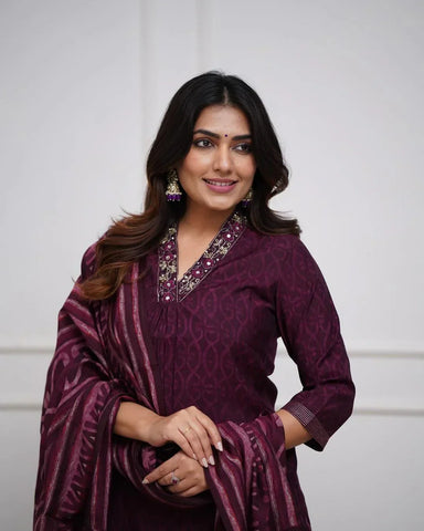 Rich Wine Kurta Set with Embroidered Neckline & Striped Dupatta