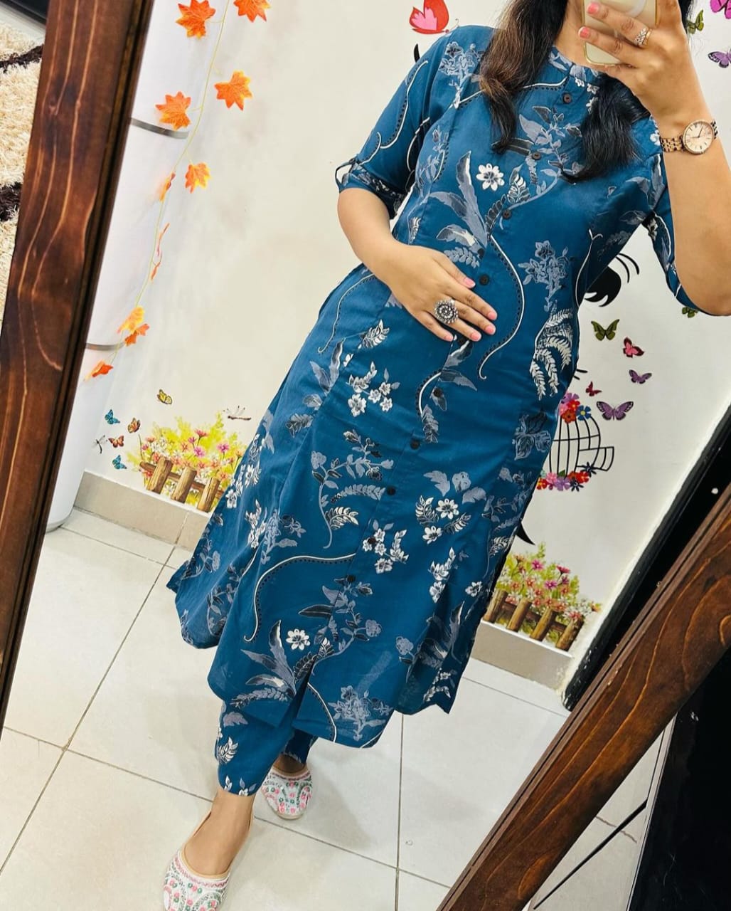 Effortless Grace: Printed Teal Kurta Set