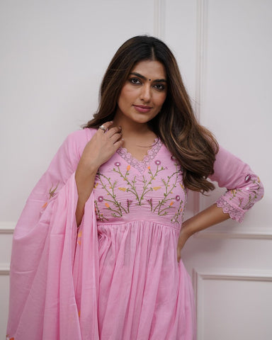 Elegant Blush Pink Embroidered Anarkali Set