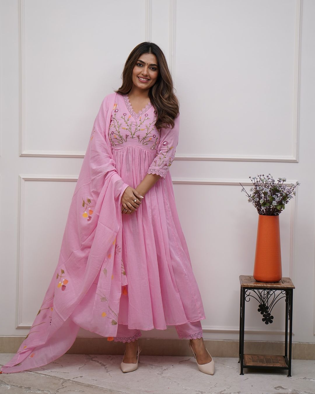 Elegant Blush Pink Embroidered Anarkali Set