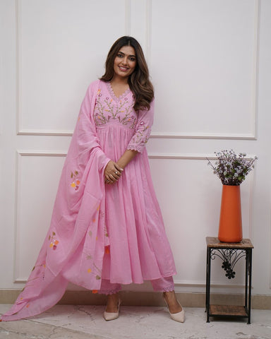 Elegant Blush Pink Embroidered Anarkali Set