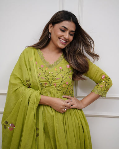 Elegant Olive Green Embroidered Anarkali Set