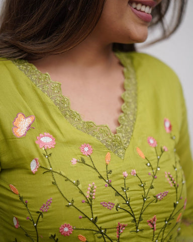 Elegant Olive Green Embroidered Anarkali Set