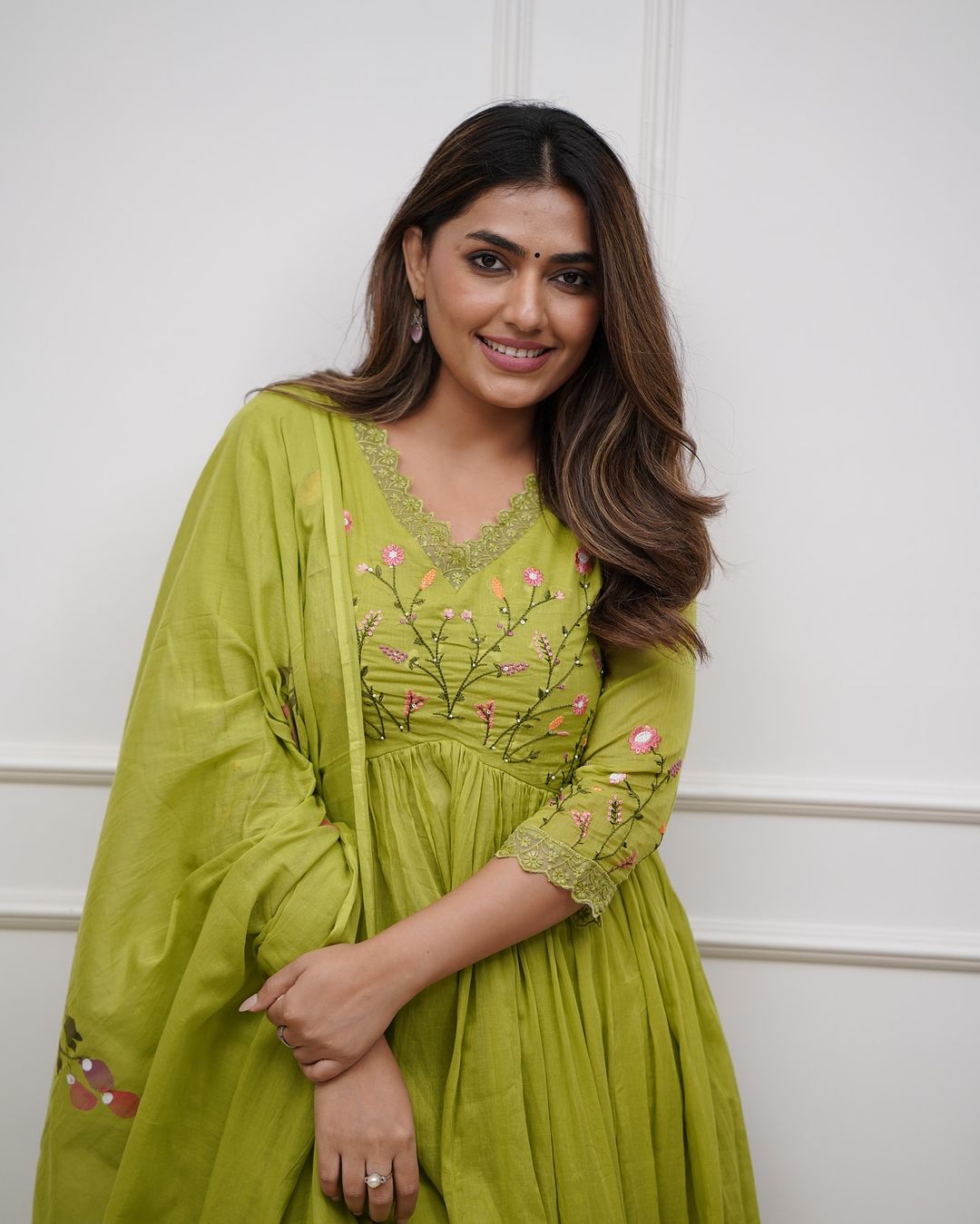 Elegant Olive Green Embroidered Anarkali Set