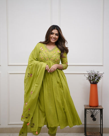 Elegant Olive Green Embroidered Anarkali Set