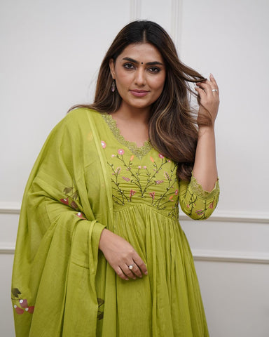 Elegant Olive Green Embroidered Anarkali Set