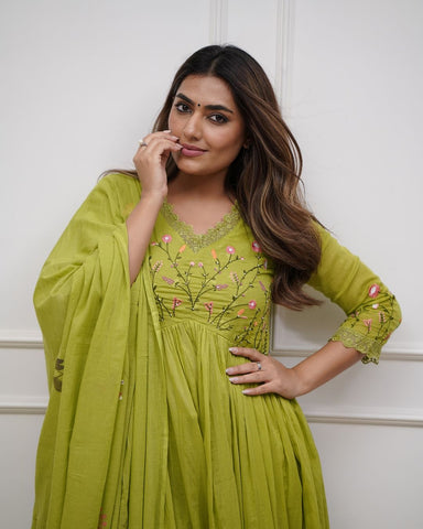 Elegant Olive Green Embroidered Anarkali Set