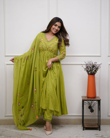 Elegant Olive Green Embroidered Anarkali Set