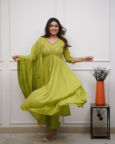 Elegant Olive Green Embroidered Anarkali Set
