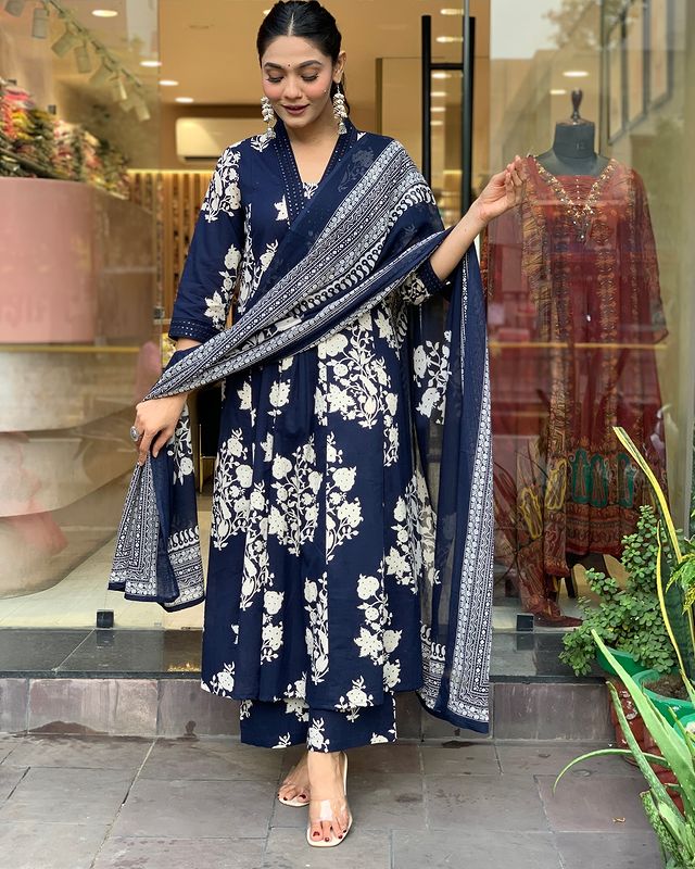 Navy Blue Floral Anarkali Kurta Set