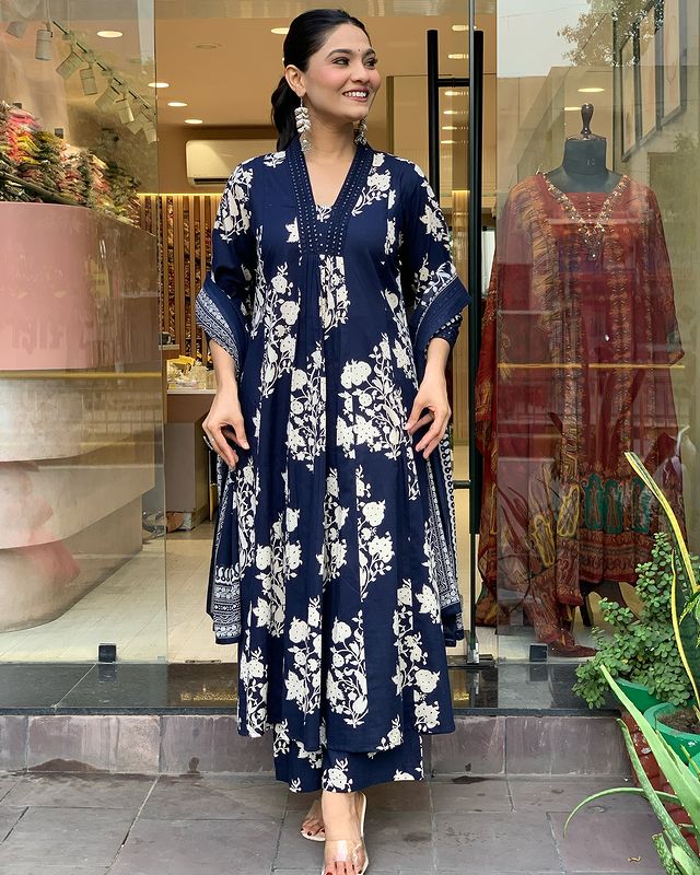 Navy Blue Floral Anarkali Kurta Set