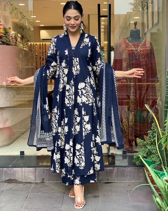 Navy Blue Floral Anarkali Kurta Set
