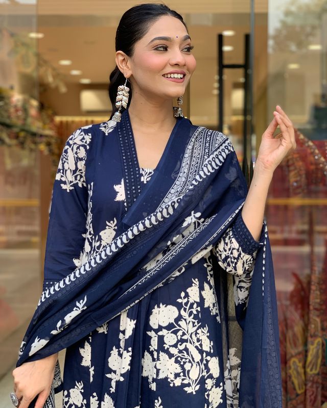Navy Blue Floral Anarkali Kurta Set