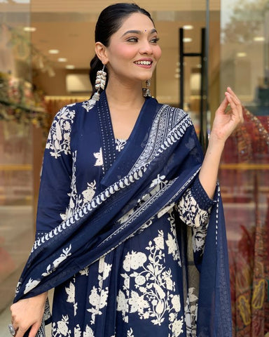 Navy Blue Floral Anarkali Kurta Set