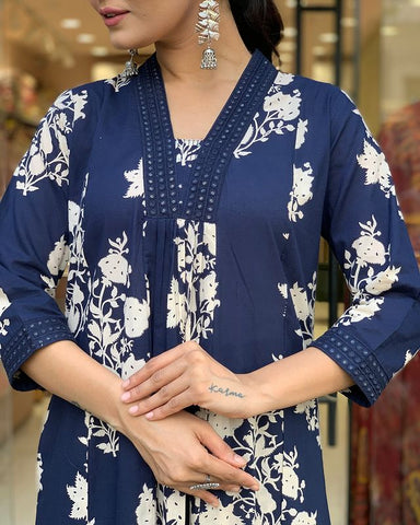 Navy Blue Floral Anarkali Kurta Set