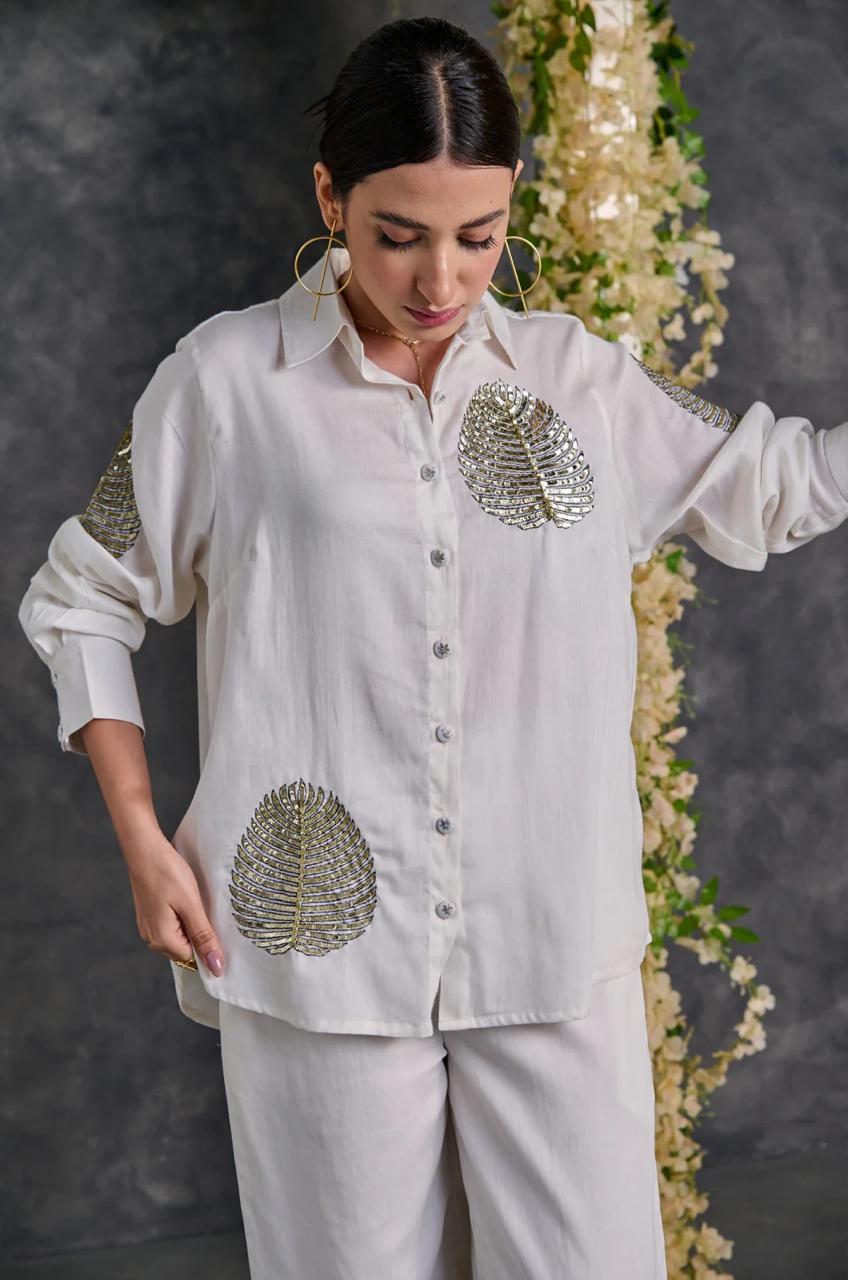 White Coord Set with Hand-Embroidered Gold Leaf Motifs