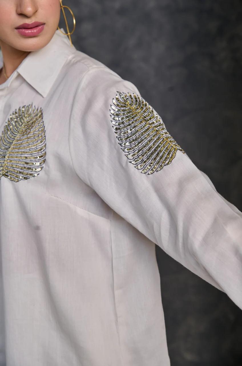 White Coord Set with Hand-Embroidered Gold Leaf Motifs