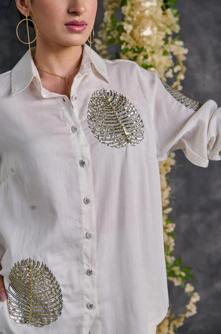 White Coord Set with Hand-Embroidered Gold Leaf Motifs