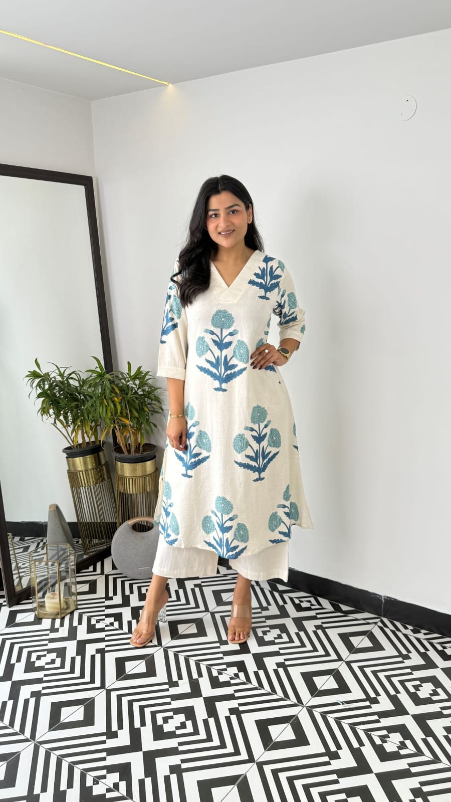 Beautiful Indian White Cotton Cord Set Readymade Dress