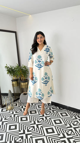 Beautiful Indian White Cotton Cord Set Readymade Dress