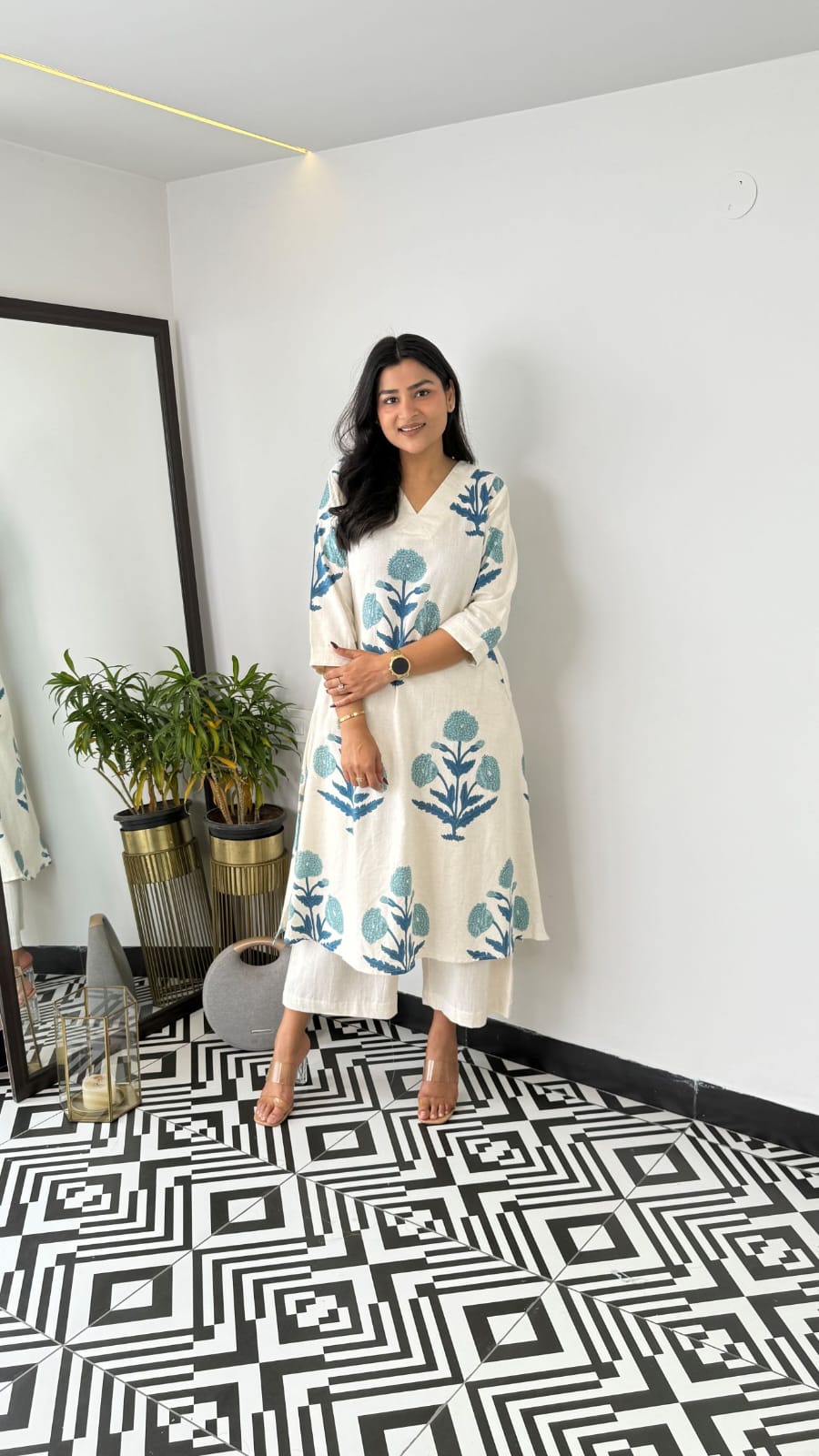 Beautiful Indian White Cotton Cord Set Readymade Dress