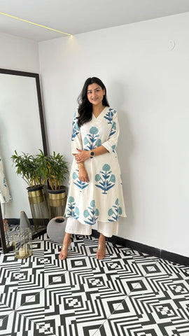 Beautiful Indian White Cotton Cord Set Readymade Dress