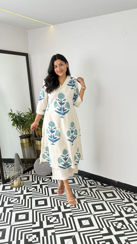 Beautiful Indian White Cotton Cord Set Readymade Dress