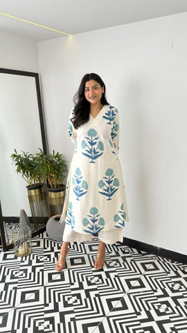 Beautiful Indian White Cotton Cord Set Readymade Dress