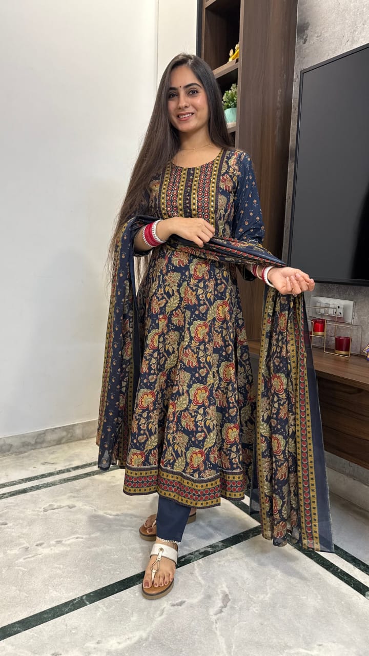 Navy Blue Traditional Anarkali Cotton Suit Set with Mughal-Inspired Print