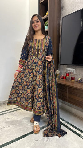 Navy Blue Traditional Anarkali Cotton Suit Set with Mughal-Inspired Print
