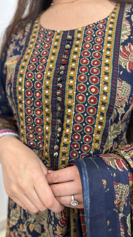 Navy Blue Traditional Anarkali Cotton Suit Set with Mughal-Inspired Print